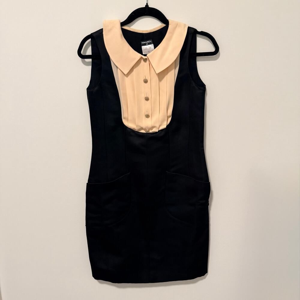 Chanel Black Silk Collar Pleated Bib Dress CC Buttons 34